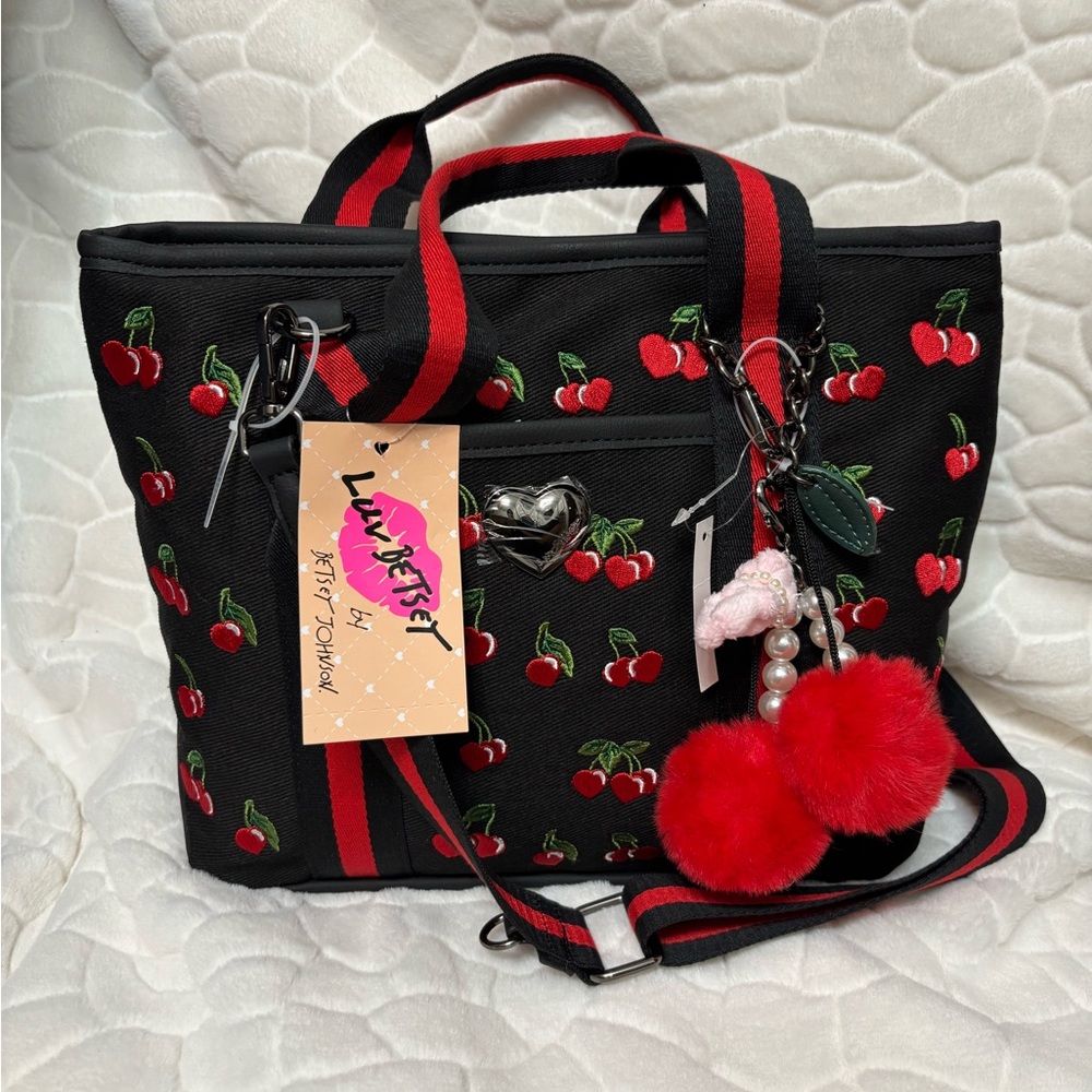 Betsey Johnson Cherry Embroidered Black Tote Bag with Cherry & teddy Charm - Picture 2 of 8